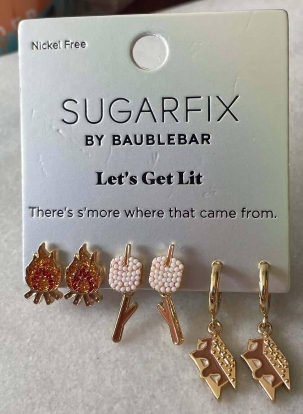 Sugarfix BaubleBar Let's Get Lit Earring Pack S'mores Campfire Theme Nickel Free